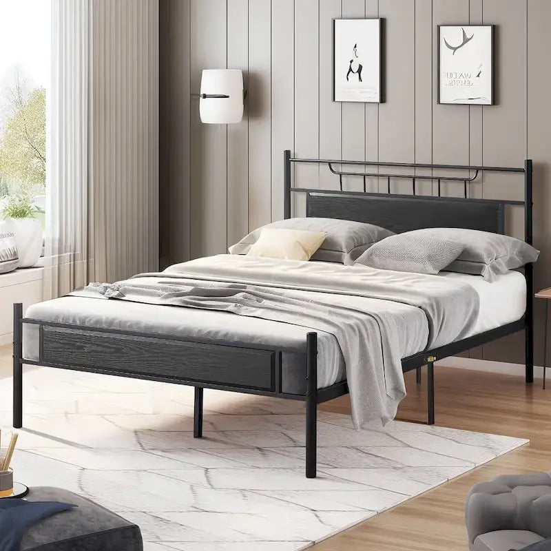 VECELO Industrial Bed Frame with Wood Headboard,Twin/Full/Queen Size Bed, Black/Brown/Slate-3 colors