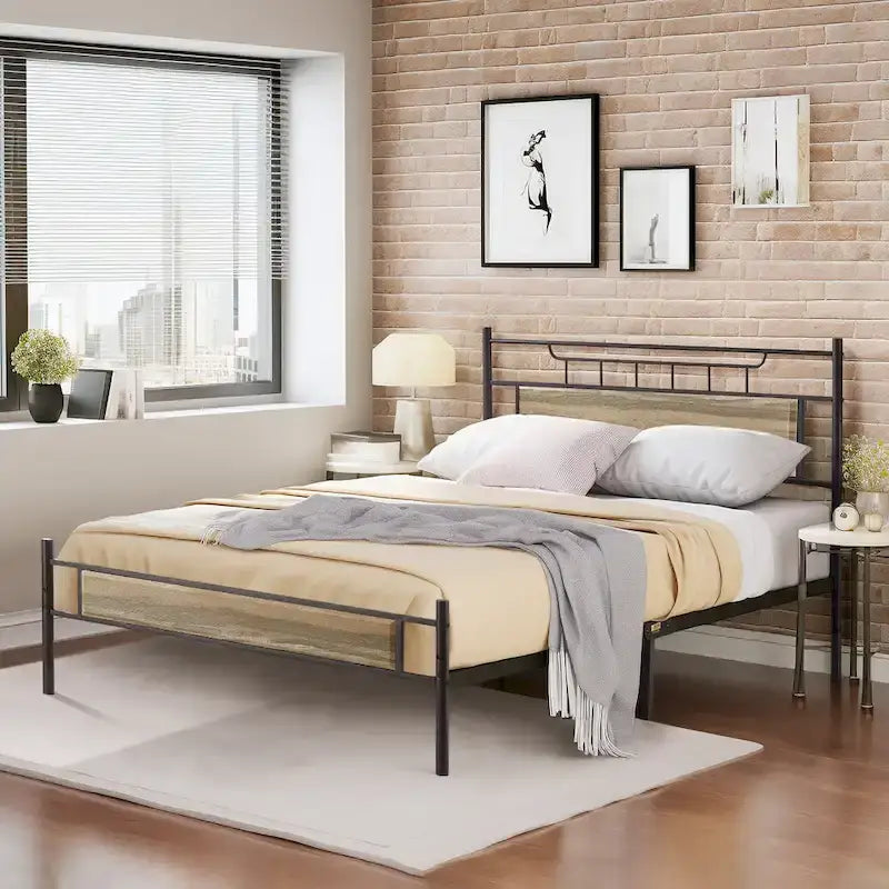 VECELO Industrial Bed Frame with Wood Headboard,Twin/Full/Queen Size Bed, Black/Brown/Slate-3 colors