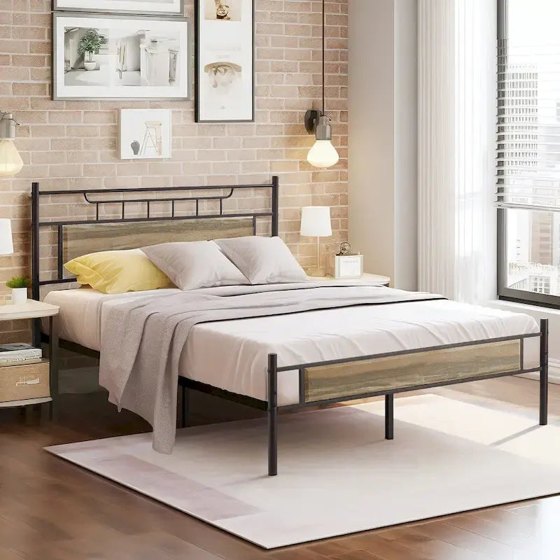 VECELO Industrial Bed Frame with Wood Headboard,Twin/Full/Queen Size Bed, Black/Brown/Slate-3 colors