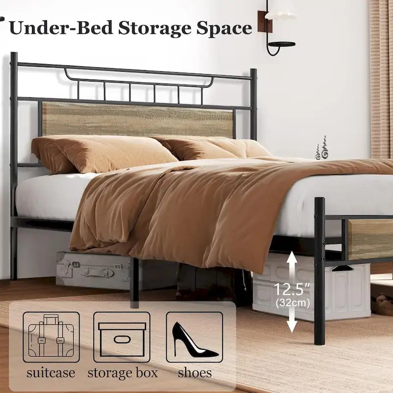 VECELO Industrial Bed Frame with Wood Headboard,Twin/Full/Queen Size Bed, Black/Brown/Slate-3 colors