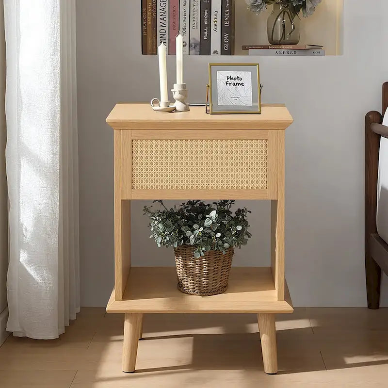 Chelsea Square Teagan Rattan Accent Side Table with Drawer Storage, Charging Station, & LED Touch Light - 15.25x23.75