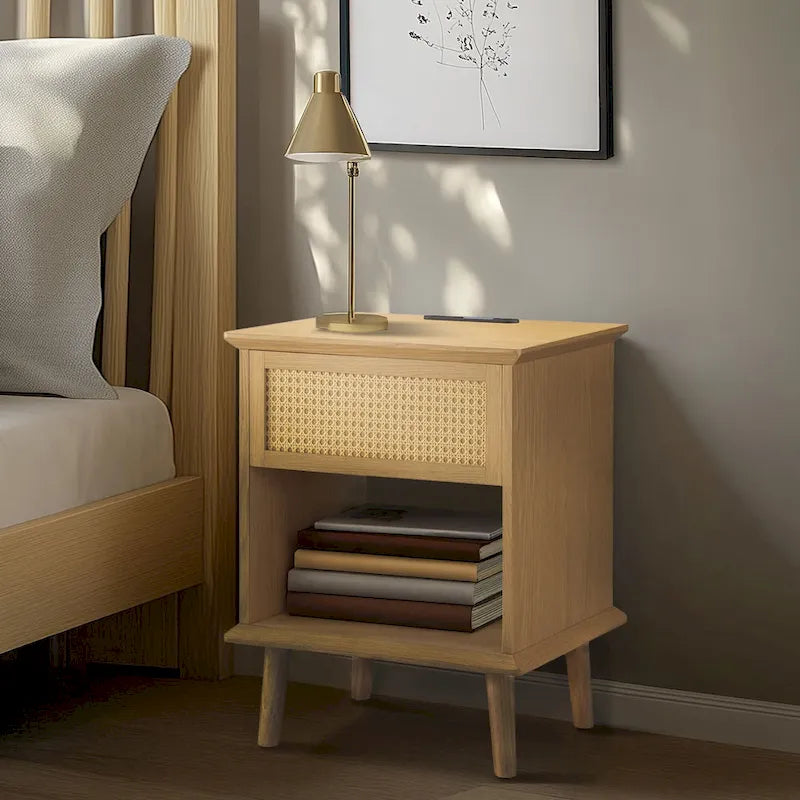 Chelsea Square Teagan Rattan Accent Side Table with Drawer Storage, Charging Station, & LED Touch Light - 15.25x23.75