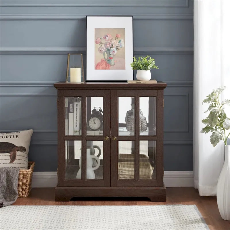 LED Glass Antique Curio Display Cabinet Showcase with Lattice Doors