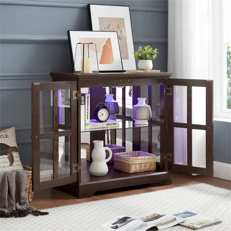 LED Glass Antique Curio Display Cabinet Showcase with Lattice Doors
