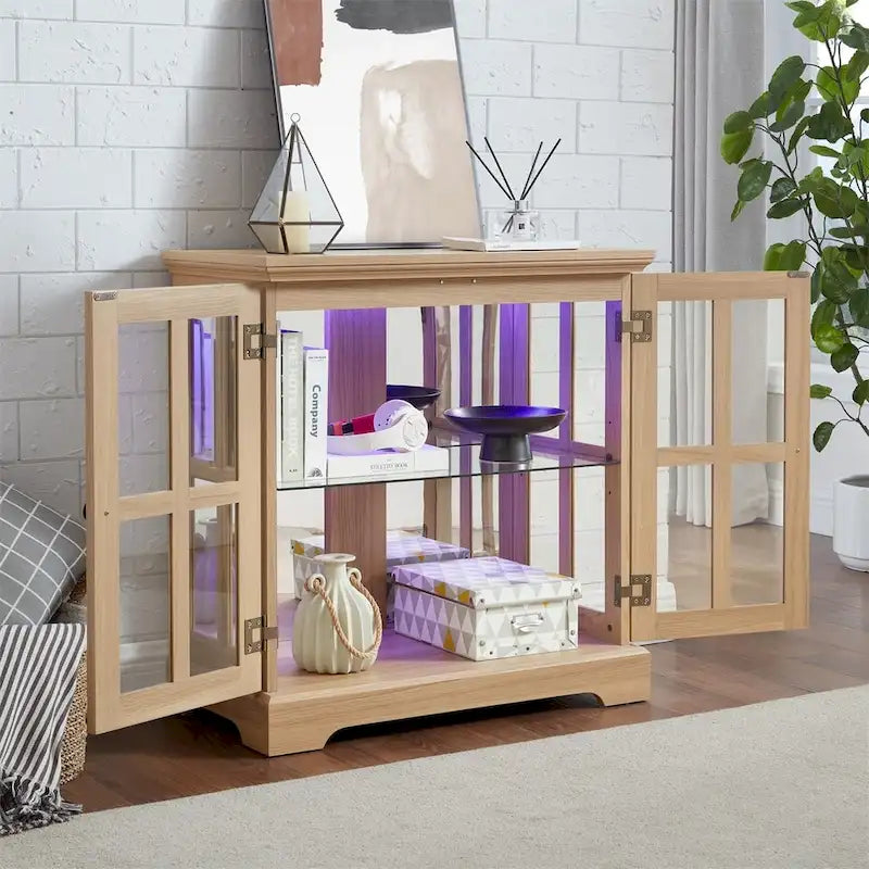 LED Glass Antique Curio Display Cabinet Showcase with Lattice Doors