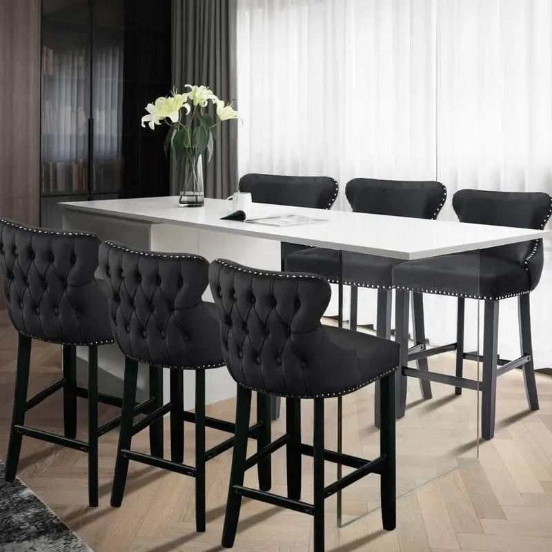 Button Tufted Velvet Wing Back Barstools Set of 6