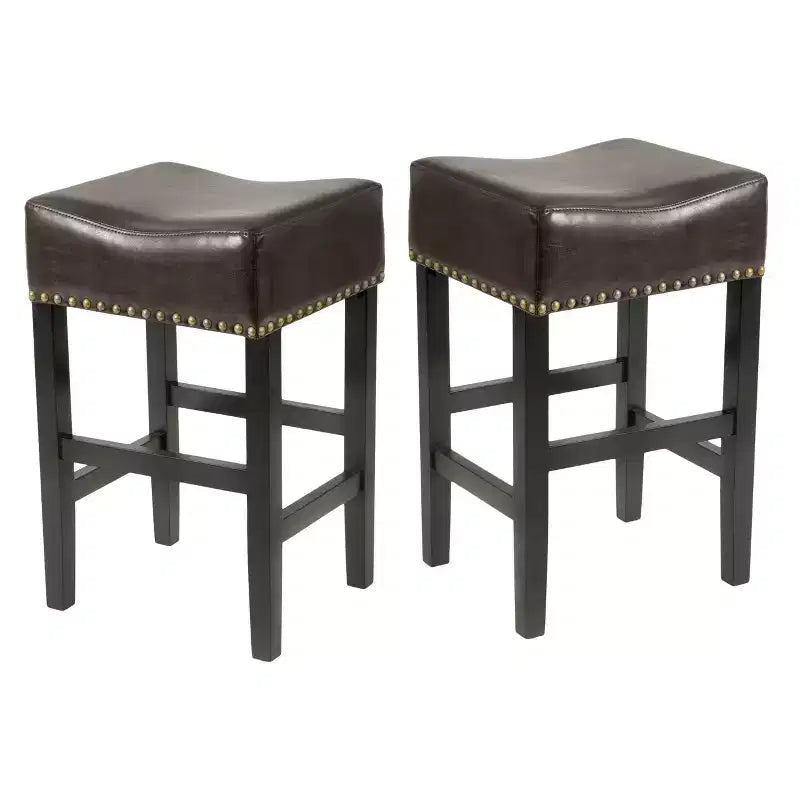 Set of 2 Louigi 30" Barstool Brown - Christopher Knight Home: Bronze Studs, Upholstered, Wood Legs