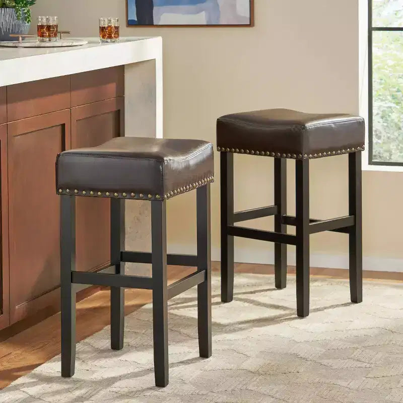 Set of 2 Louigi 30" Barstool Brown - Christopher Knight Home: Bronze Studs, Upholstered, Wood Legs