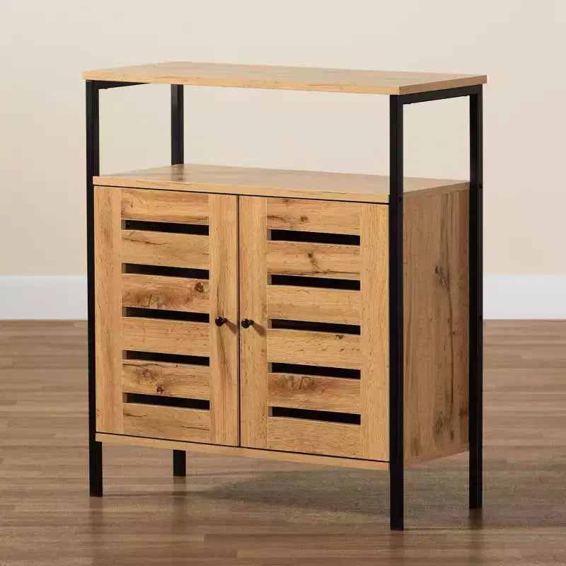 Vander Wood & Metal 2 Door Shoe Cabinet Oak Brown/Black - Baxton Studio: Entryway Organizer, Holds 8 Pairs