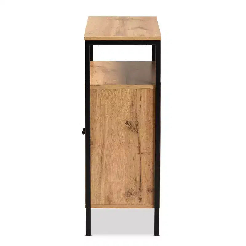 Vander Wood & Metal 2 Door Shoe Cabinet Oak Brown/Black - Baxton Studio: Entryway Organizer, Holds 8 Pairs