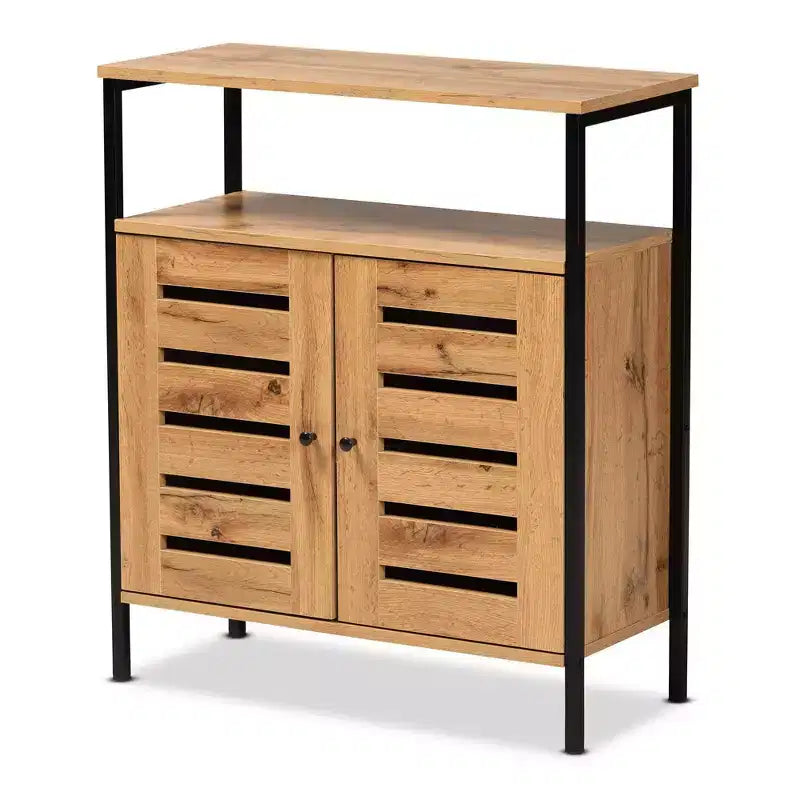 Vander Wood & Metal 2 Door Shoe Cabinet Oak Brown/Black - Baxton Studio: Entryway Organizer, Holds 8 Pairs
