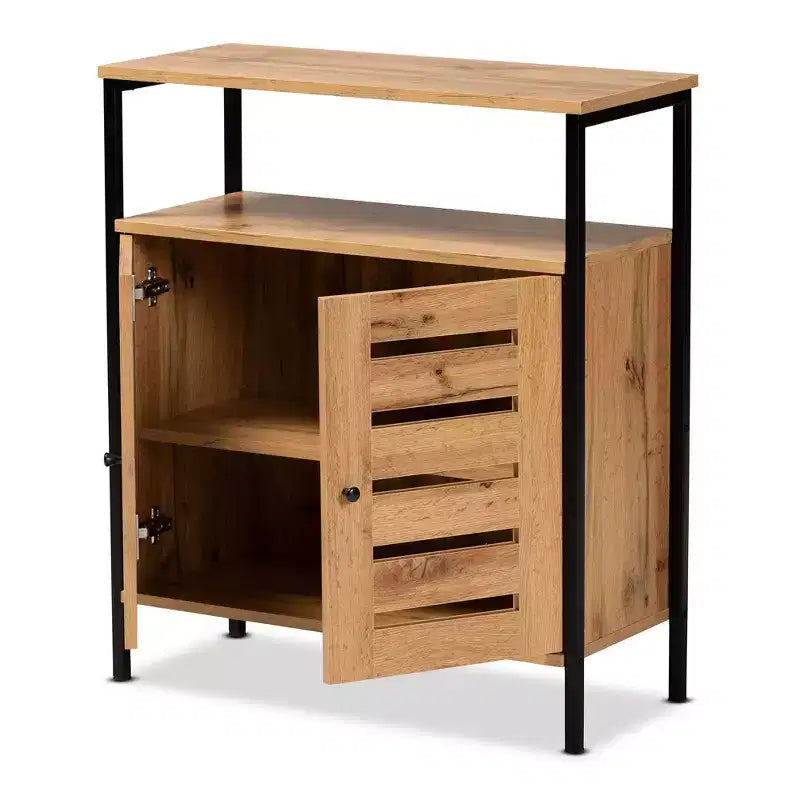 Vander Wood & Metal 2 Door Shoe Cabinet Oak Brown/Black - Baxton Studio: Entryway Organizer, Holds 8 Pairs
