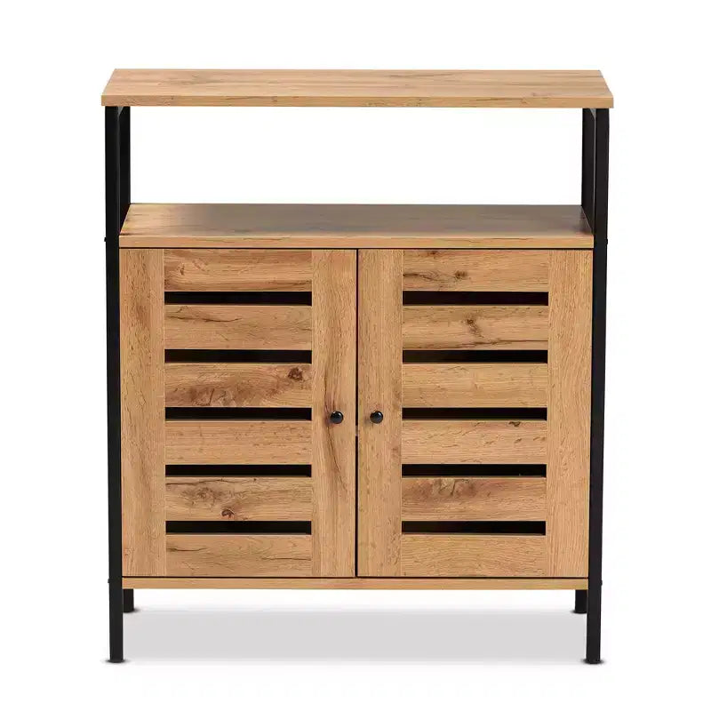Vander Wood & Metal 2 Door Shoe Cabinet Oak Brown/Black - Baxton Studio: Entryway Organizer, Holds 8 Pairs