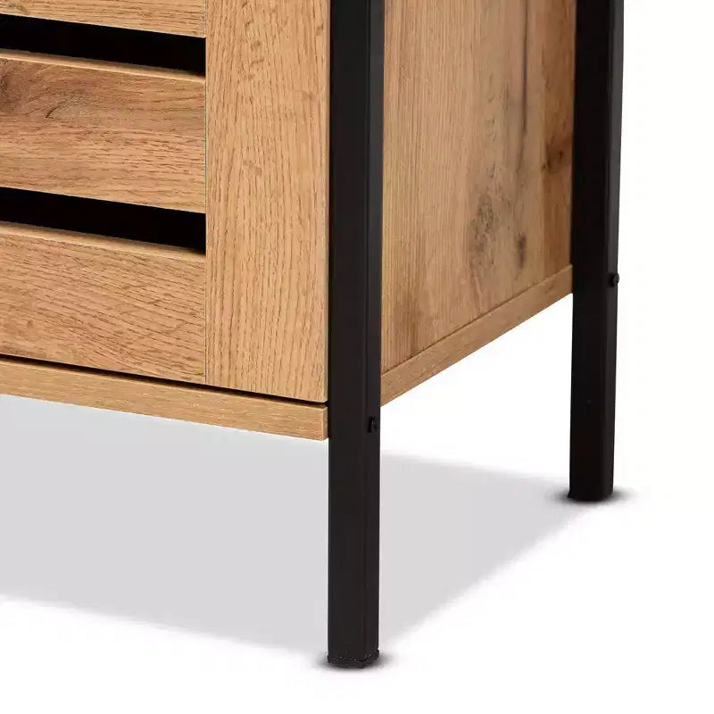 Vander Wood & Metal 2 Door Shoe Cabinet Oak Brown/Black - Baxton Studio: Entryway Organizer, Holds 8 Pairs