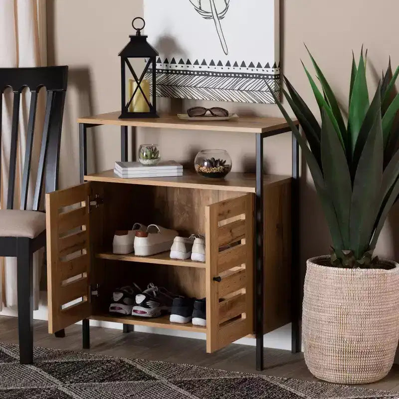 Vander Wood & Metal 2 Door Shoe Cabinet Oak Brown/Black - Baxton Studio: Entryway Organizer, Holds 8 Pairs