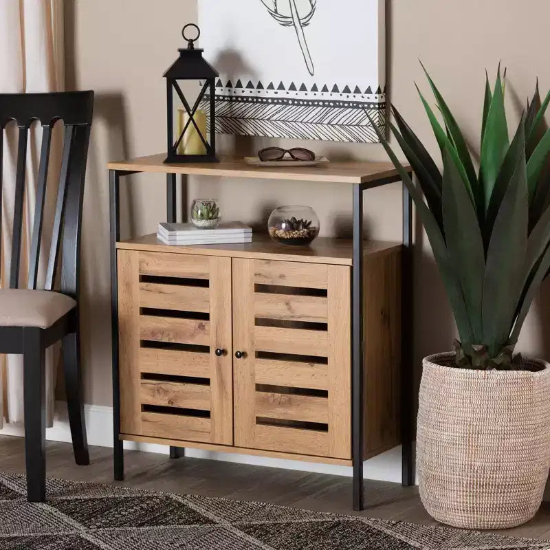 Vander Wood & Metal 2 Door Shoe Cabinet Oak Brown/Black - Baxton Studio: Entryway Organizer, Holds 8 Pairs
