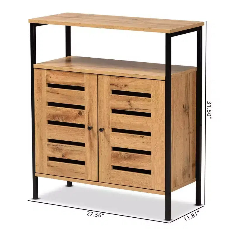 Vander Wood & Metal 2 Door Shoe Cabinet Oak Brown/Black - Baxton Studio: Entryway Organizer, Holds 8 Pairs