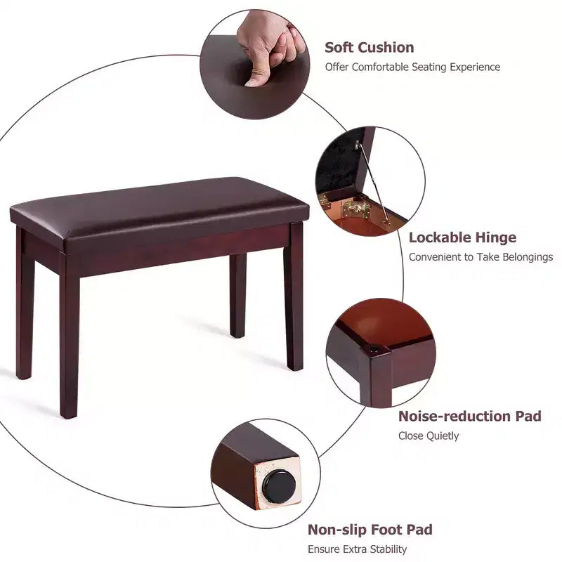 Costway PU Leather Piano Bench Padded Double Duet Keyboard Seat Storage Brown