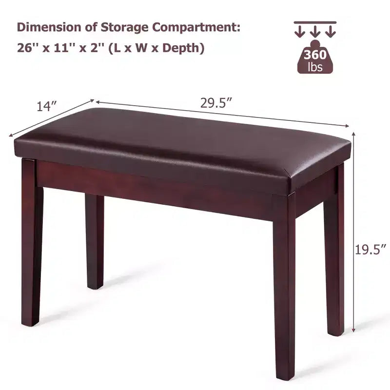 Costway PU Leather Piano Bench Padded Double Duet Keyboard Seat Storage Brown