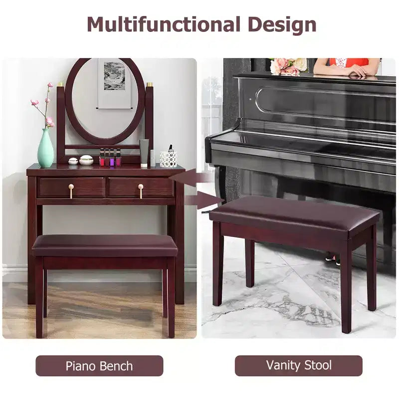 Costway PU Leather Piano Bench Padded Double Duet Keyboard Seat Storage Brown