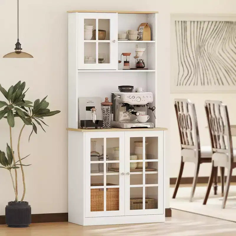 HOMCOM Kitchen Buffet with Hutch, Storage Pantry with 3 Cabinets, 2 Open Shelves and Large Countertop