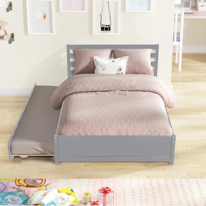 Full Size Wood Platform Bed Frame with Headboard and Twin Trundle
