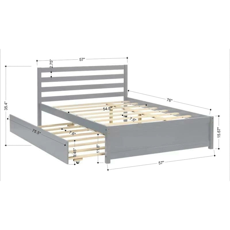 Full Size Wood Platform Bed Frame with Headboard and Twin Trundle