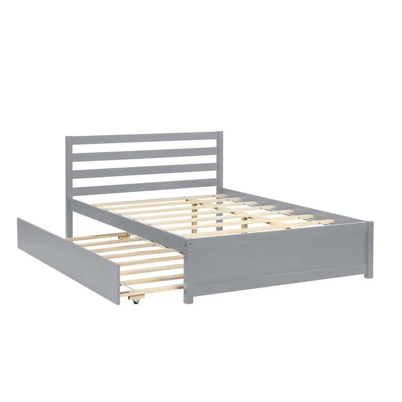 Full Size Wood Platform Bed Frame with Headboard and Twin Trundle