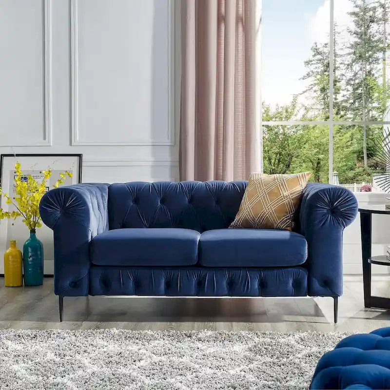 Corvus Prato Tufted Velvet Chesterfield Loveseat Sofa with Rolled Arms