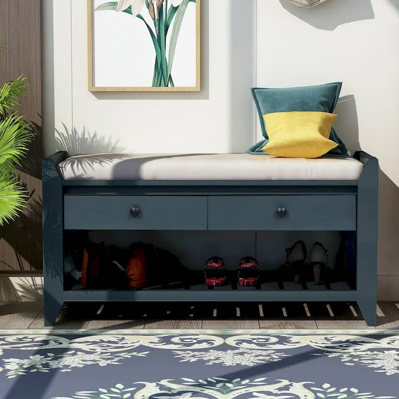 Modern Multipurpose Entryway Storage Bench With Upholstered Seat and Drawers