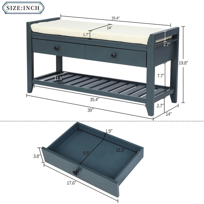 Modern Multipurpose Entryway Storage Bench With Upholstered Seat and Drawers
