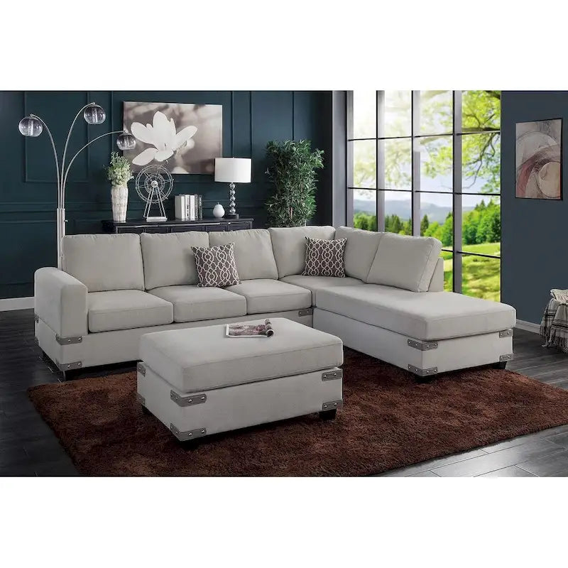 Poundex 3 Piece Fabric Sectional Sofa Set with Ottoman