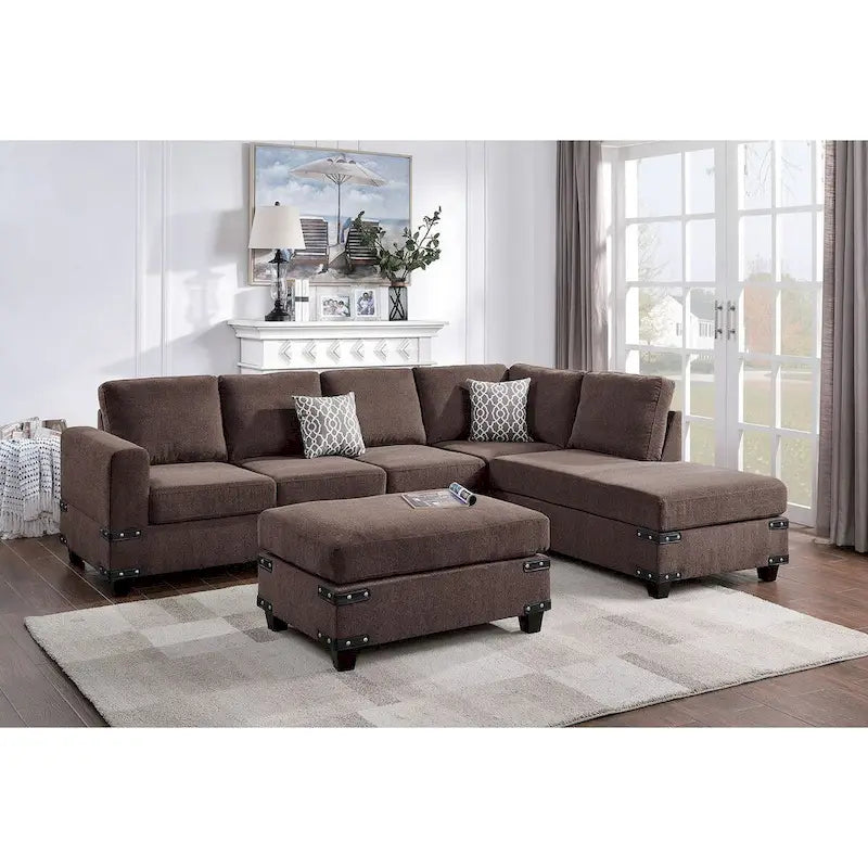 Poundex 3 Piece Fabric Sectional Sofa Set with Ottoman