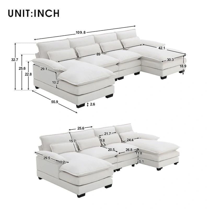 Modern U-shaped Sectional Sofa with Waist PillowsSleeper Sofa Couch with Chaise Lounge