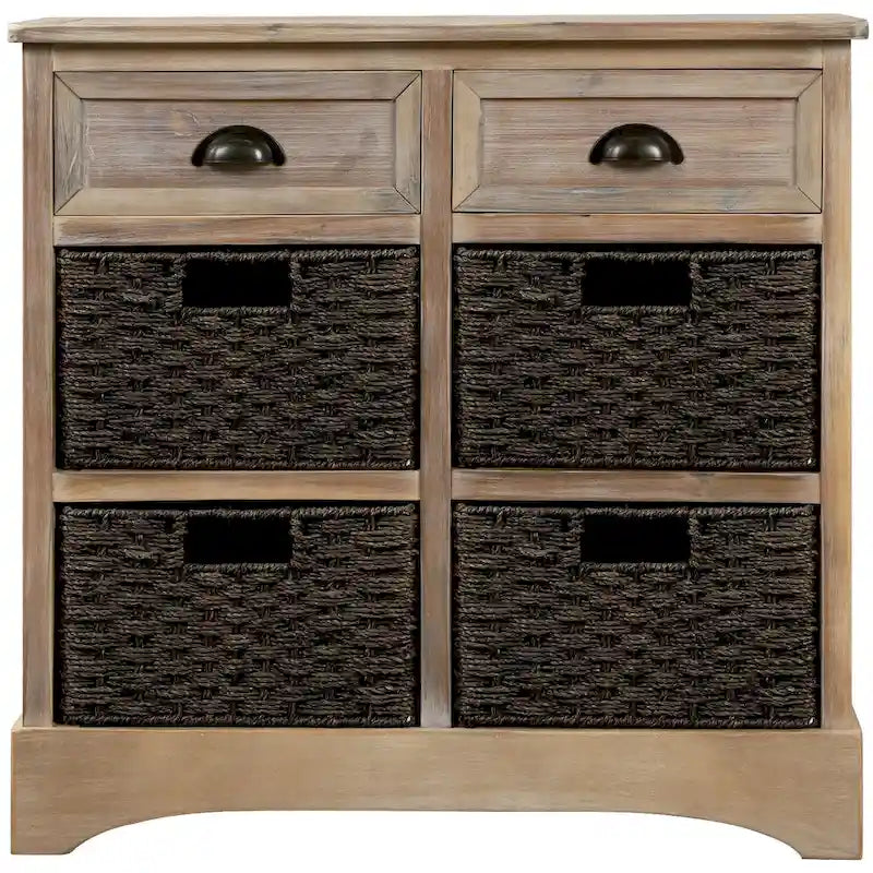 Rustic Storage Cabinet with Two Drawers and Four Classic Rattan Basket for Dining Room/Entryway/Living Room