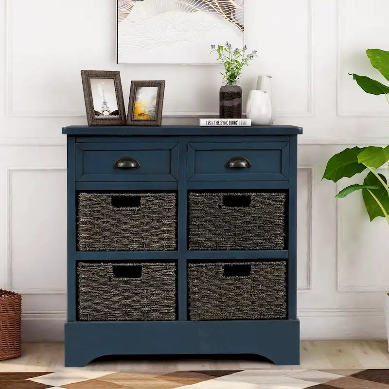 Rustic Storage Cabinet with Two Drawers and Four Classic Rattan Basket for Dining Room/Entryway/Living Room