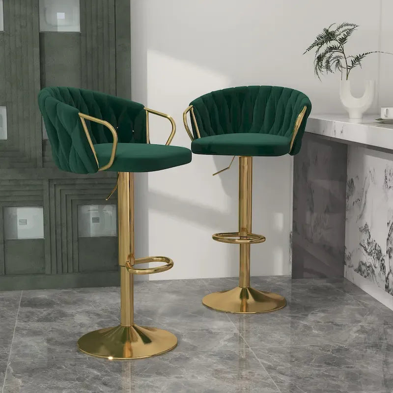 Set of 2 Bar Stool Adjustable Height Swivel Velvet Woven