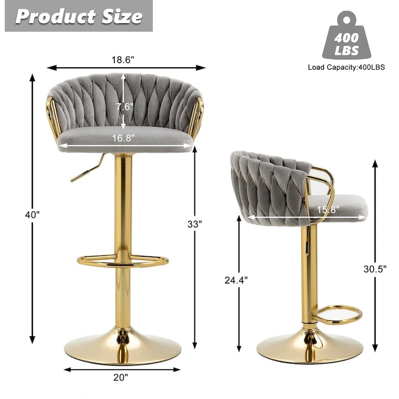 Set of 2 Bar Stool Adjustable Height Swivel Velvet Woven