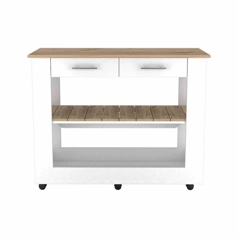 Light Oak and White Kitchen Island with Drawer Shelves and Casters - 20 X 40 X 20