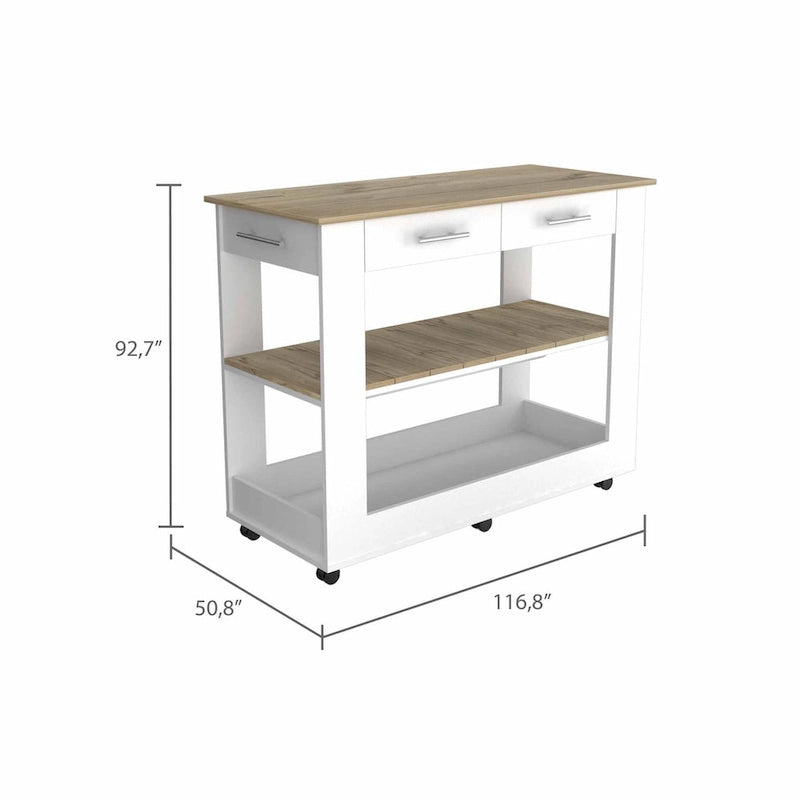 Light Oak and White Kitchen Island with Drawer Shelves and Casters - 20 X 40 X 20