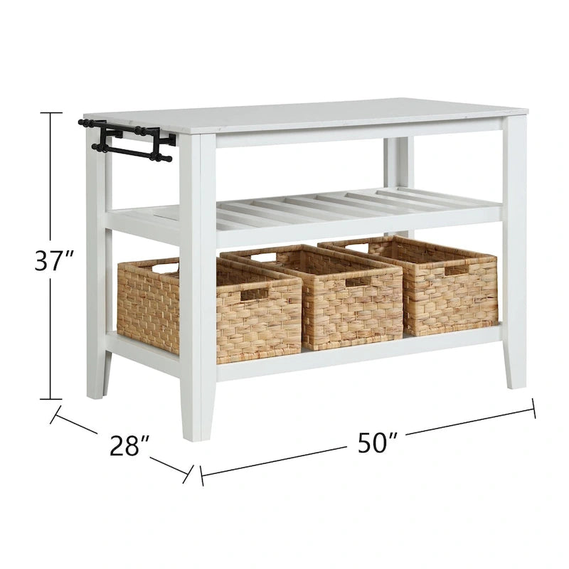 Kitchen Island with 3 Pull Out Baskets in White