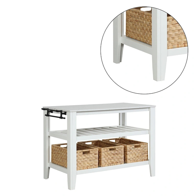 Kitchen Island with 3 Pull Out Baskets in White