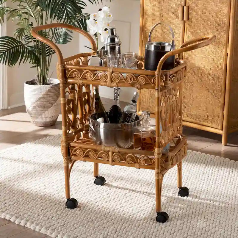 Diwata Modern Bohemian Natural Brown Rattan Kitchen Cart