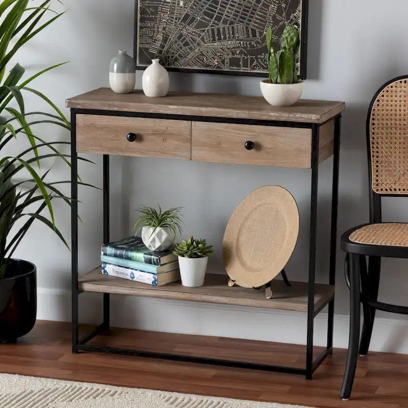 Silas Modern Industrial Natural Brown Finished Wood and Black Metal 2-Drawer Console Table
