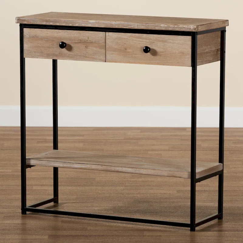 Silas Modern Industrial Natural Brown Finished Wood and Black Metal 2-Drawer Console Table