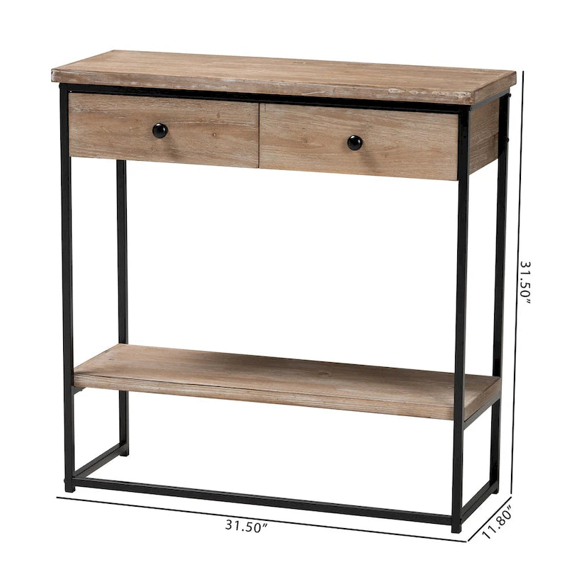 Silas Modern Industrial Natural Brown Finished Wood and Black Metal 2-Drawer Console Table