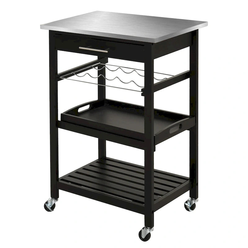 HOMCOM Kitchen island Cart Rolling Trolley Utility Serving Cart with Stainless Steel Tabletop, Wine Rack & Drawer