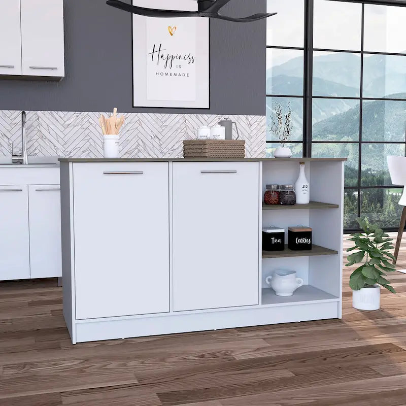 FM Furniture Gladiolus Kitchen Island, Two Cabinets, Three Open Shelves