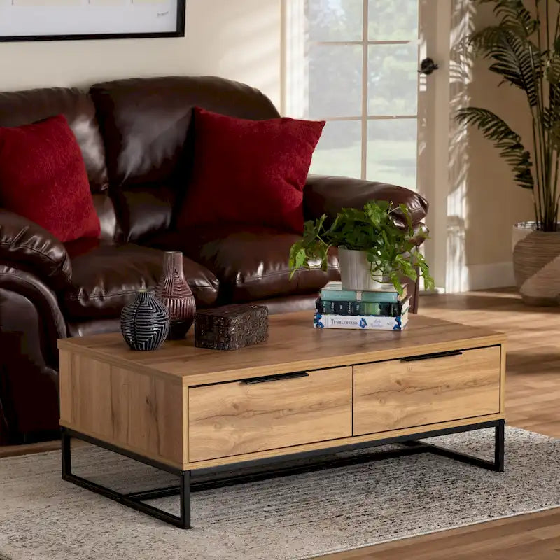 Franklin Oak Brown Wood and Black Metal 2-Drawer Coffee Table