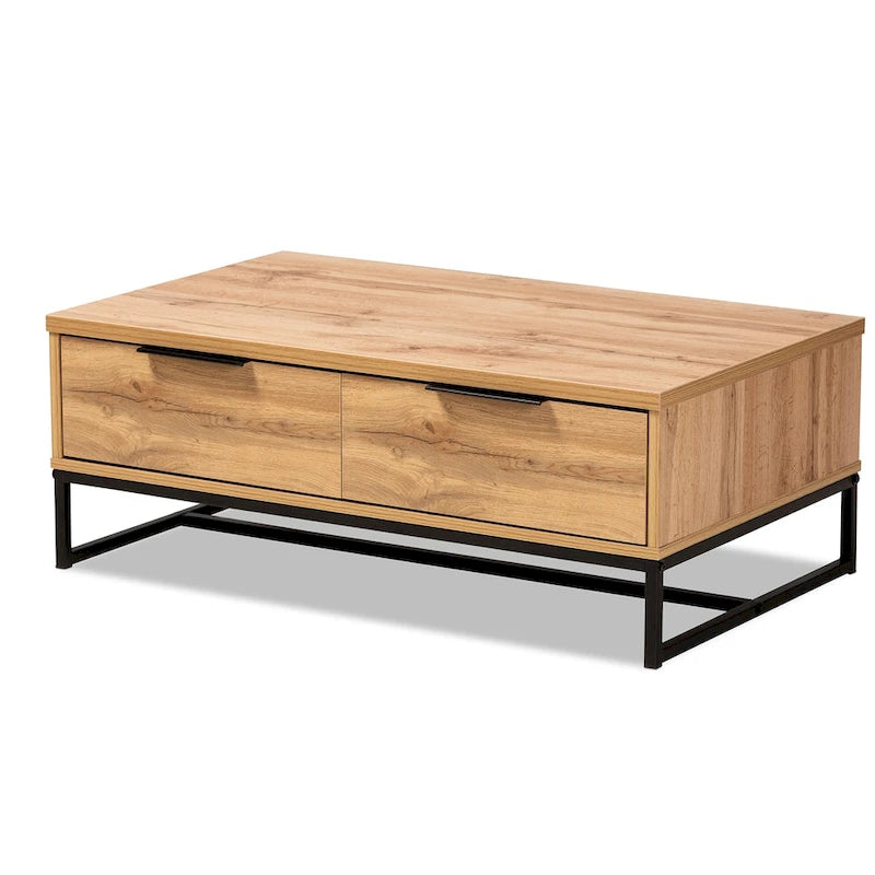 Franklin Oak Brown Wood and Black Metal 2-Drawer Coffee Table